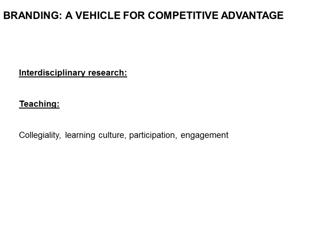 BRANDING: A VEHICLE FOR COMPETITIVE ADVANTAGE Interdisciplinary research: Teaching: Collegiality, learning culture, participation, engagement
